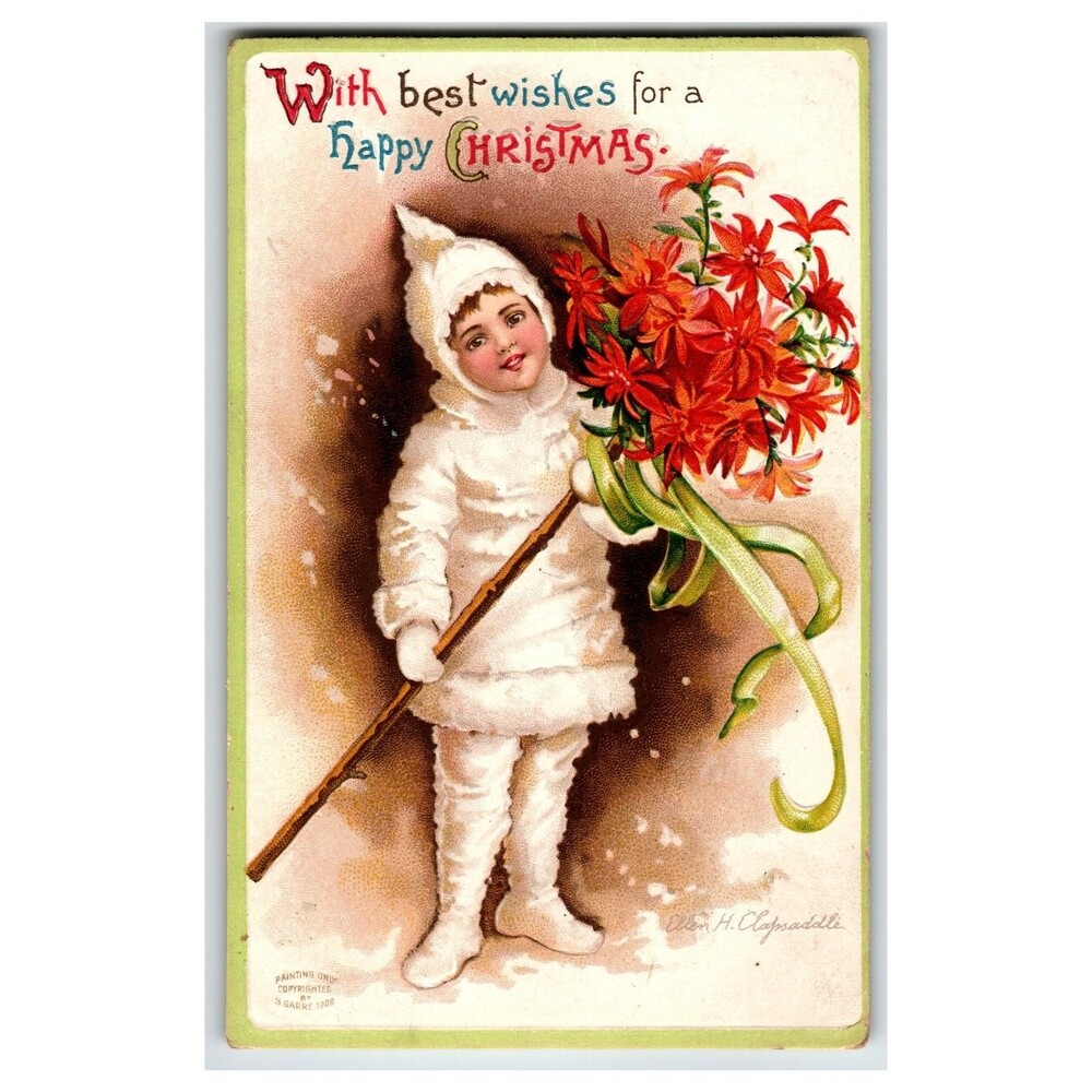 Ellen Clapsaddle Christmas Child with Flowers 1908 Postcard Embossed Vintage